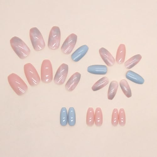 Coffin Press on Nails Short Fake Nails with Marble Designs Acrylic Nails Press ons Glossy Glue on Nails Light Blue Full Cover Artificial Stick on Nails for Women 24Pcs - color: Marble Designs