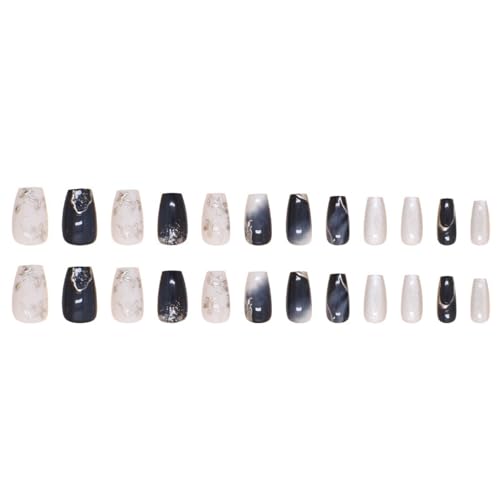 Cat Eye Press on Nails Short Coffin Fake Nails with Flower Glitter Gradient Designs Nails Press ons Silver Blue White Glue on Nails Summer Glossy Stick on Nails for Women 24Pcs - color: silver blue white