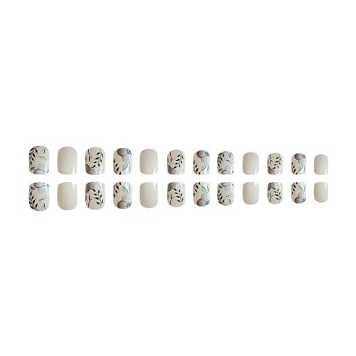 RTKHFZE Press on Nails Medium Square Fake Nails with Flower Leaf Designs White Acrylic Nails Green Full Cover Glue on Nails Glossy Artificial Nails Summer Stick on Nail for Women 24Pcs - color: JB241