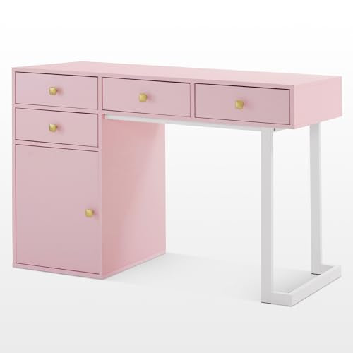 BarberPub Manicure Table with Storage Drawers, Nail Salon Desk for Nail Tech, Makeup Station with Round Handles, Beauty Equipment with Display Open Space 2990 (White&Pink) - color: White&pink