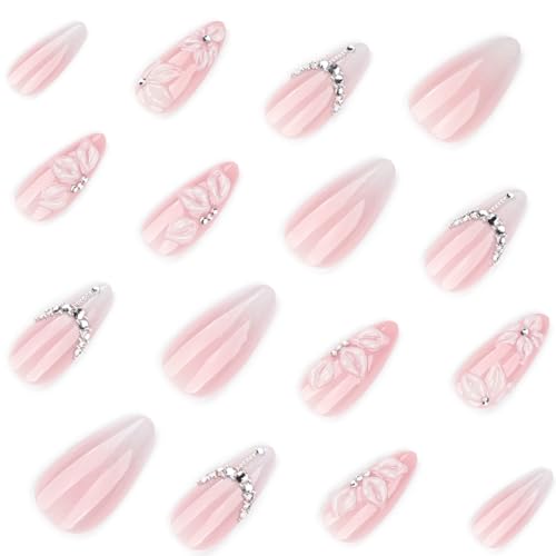 24Pcs White French Tip Press on Nails Medium Almond Fake Nails with Silver Rhinestones with Nude Pink Full Cover Glue on Nails French Designs 3D Flower False Nails Cute Spring Stick on Nails for Women