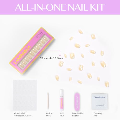 LAMIMOSA 32Pcs Chrome Butter Yellow Press On Nails Short Square, BUTTER - color: BUTTER