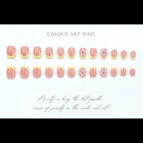 French Tip Press on Nails Short Square Flower Water Ripple Design - color: Yellow Pink