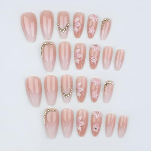 Flower Press on Nails Medium Almond Fake Nails Gradient Nails Press Ons - color: Pink Flower 6