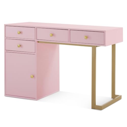 BarberPub Beauty Manicure Table with Storage Drawers, Nail Salon Desk for Nail Tech, Makeup Station with Round Handles, Beauty Equipment with Display Open Space 2990 (Pink & Gold) - color: Pink & Gold