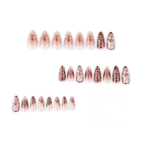 Brown Flower Press On Nails Medium Almond Fake Nails Floral False Nails With Gold Pearl Design Reusable Acrylic Nails Press Ons Full Cover Glossy Glue On Nails For Women Manicure 24Pcs - color: Design-26