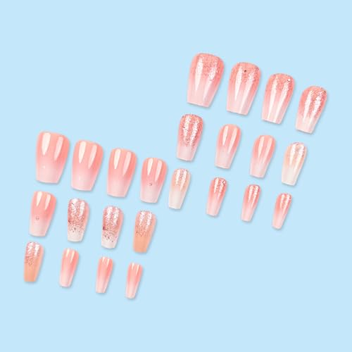 Coffin Press on Nails Short Fake Nails with Glitter Gradient Designs Pink Nails Press ons Cute Acrylic Nails Glossy Glue on Nails Daily Wear Simple False Nails Fall Stick on Nails for Women 24Pcs - color: Glitter Gradient Designs