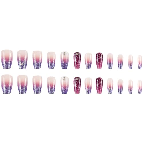 24Pcs Gradient Press on Nails Fake Nails with Rhinestones Glitter Ombre Designs Nails Press ons Purple Glue on Nails Acrylic False Nails Artificial Stick on Nails for Women - color: purple