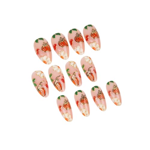 Thanksgiving Press on Nails Medium Almond - 3D Gold Pumpkin - color: D-51