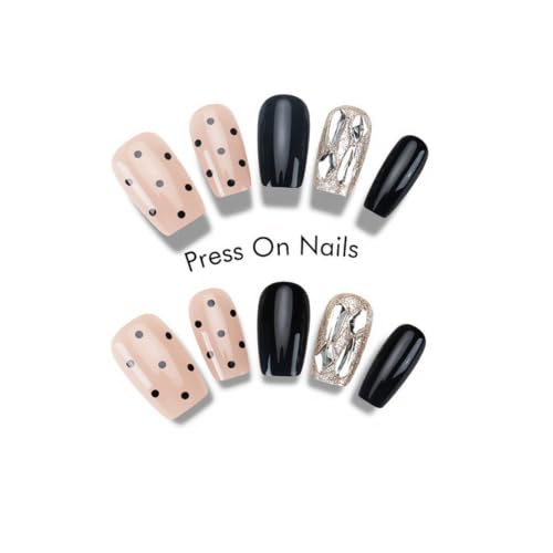 Polka Dots Press on Nails Medium Square Fake Nails with Rhinestone Glitter Designs Black Nails Press ons Glossy Glue on Nails Small Stick on Nails for Women 30Pcs - color: Rhinestone Glitter Designs
