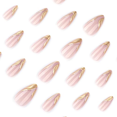 Gold Press on Nails - Medium Almond Fake Nails - color: Color-22