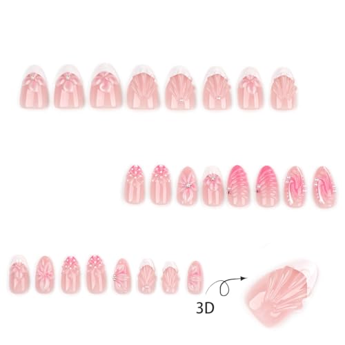 Press on Nails Short Almond - White French Tip with 3D Floral - color: D-55