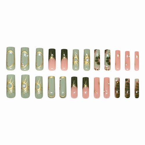MISUD Press on Nails - Long Square Fake Nails with Green, Acrylic Gold Chrome Sun Star Design 24 pcs - color: 07814-09Green