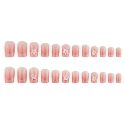 Pink French Tip Press on Nails Medium Square Flower Design - color: Solid Pink White