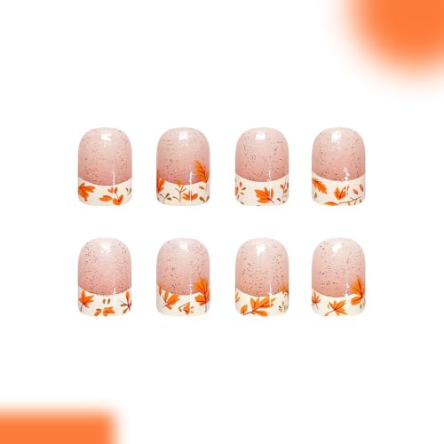 Fall Press On Nails Short Square Fake Nails With Maple Leaf Design - color: design-13