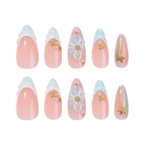 Blue Ombre Press on Nails Medium Almond - 3D Floral & Starfish - color: D-53