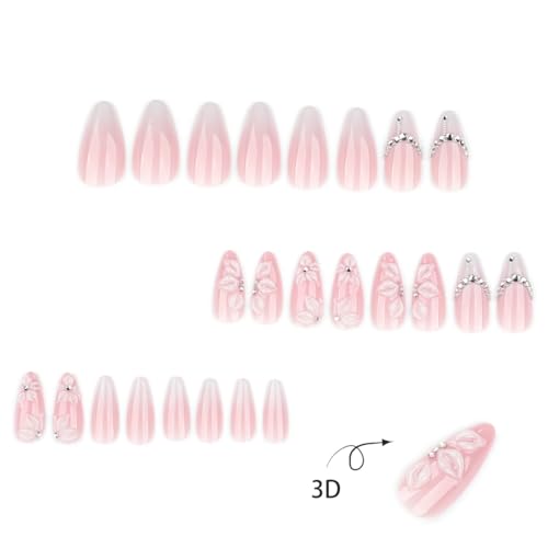 Medium Almond Press on Nails - White Ombre with 3D Embossed Floral & Rhinestone, Full Cover Glossy Fake Nails 24PCS for Women - color: D-52