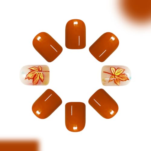 24Pcs Fall press on Nails Short Square Maple Leaf Fake Nails - color: Style-21