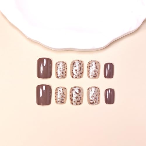 Short Square Brown Press on Nails - Leopard Glitter Design - color: Style-06