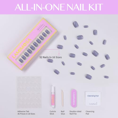 LAMIMOSA 32Pcs Ash Gray Press On Nails, Short Square Fake Nails, ASH - color: ASH