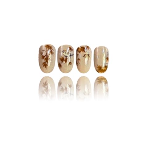 Fall Maple Leaf Press On Nails Short Oval Cat Eye Fake Nails Reusable Autumn Glue On Nails with Glitter Design Acrylic False Nails Fall Leaf Stick On Nails for Women Thanksgiving Manicure 24Pcs - color: special Fall-20