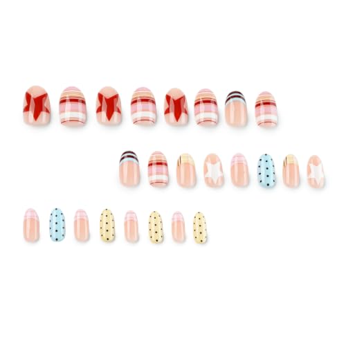Y2K Cute Pastel Press On Nails, Short Almond Fake Nails with Candy Stripe, Polka Dot & Star Design, Glossy Handmade Reusable Nail Set for Women Girls - color: 83-Elliptical Rainbow