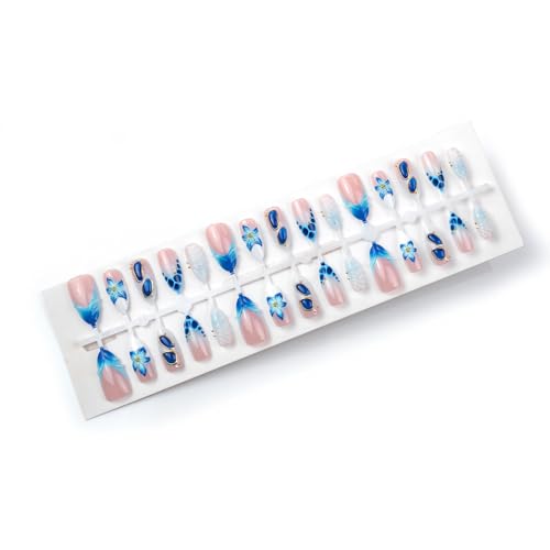 Summer Press On Nails Medium Almond Fake Nails French False Nails With Blue Floral Gold Pearl Design Reusable Acrylic Nail Press Ons Glossy Stick On Nails Full Cover For Women Manicure 24Pcs - color: Design-18