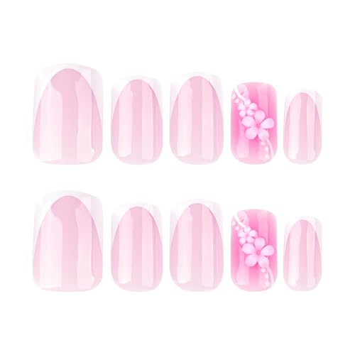 Pink Flower Press on Nails Medium Square Fake Nails White French Tip Acrylic False Nails with Spring Floral Designs Glue on Nail Glossy Artificial Nails Full Cover Stick on Nail for Women 24Pcs - color: style 33