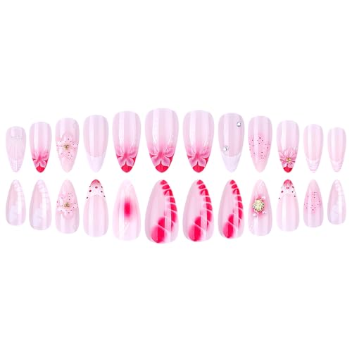 Summer Spring Press On Nails Medium Almond Fake Nails Pink Flower False Nails With Gold Shell White Pearl Design Reusable Acrylic Nail Press Ons Glossy Stick On Nails For Women 24Pcs - color: Design-25