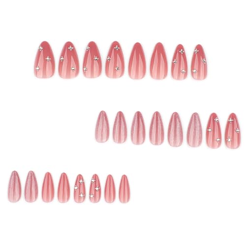 Pink Press On Nails Almond Medium Fake Nails Glitter With Rhinestone Design False Nails Press Ons Glossy Acrylic Nails Reusable Glue On Nails For Women Girls - color: Design-3