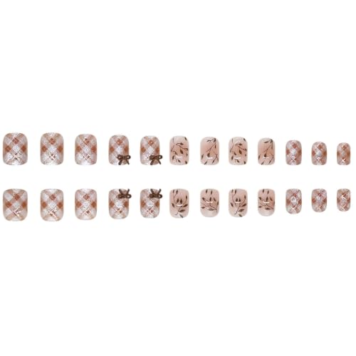 Fall Press on Nails Short Square Fake Nails 3D Bow Cat Eye Checkered Design - color: 25