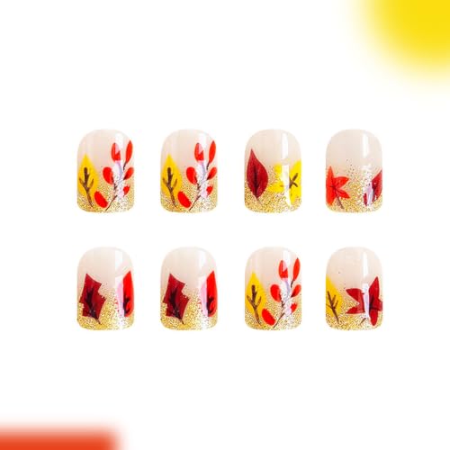 Maple Press on Nails Short Square Fake Nails with Glitter Designs Fall Brown Orange Nails Press ons Glossy Glue on Nails Autumn False Nails Artificial Stick on Nails for Women 24Pcs - color: 2