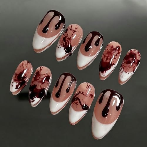 Halloween 3D Bloody Press on Nails Medium Almond French Tip 24Pcs - color: Halloween 3