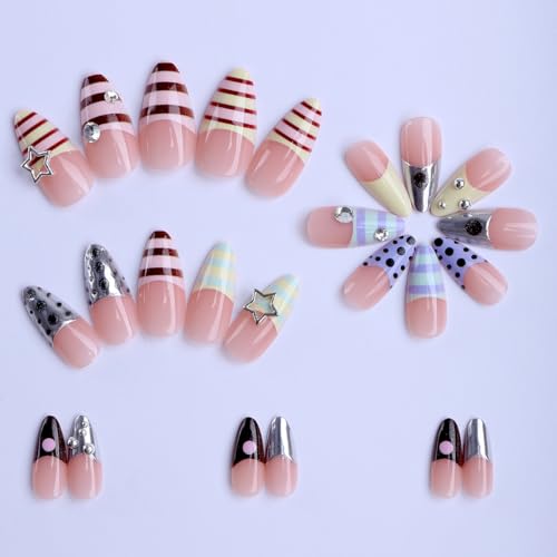 Cute Y2K Press on Nails Medium Almond French Tip Fake Nails 24Pcs - color: style-27