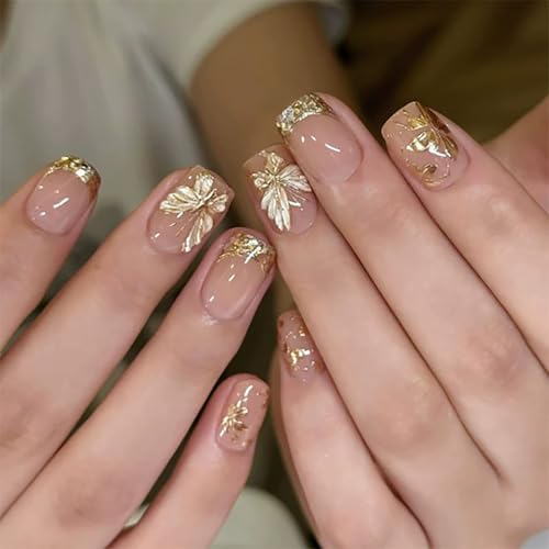 Short Square Press on Nails Gold Fake Nails Butterfly False Nails with Design Glossy Short Nail Press ons Full Cover Acrylic Nails for Women 24Pcs - color: style 35