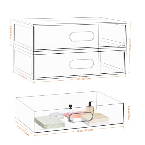 Clear Stackable Makeup Organizer with Drawer, 12''W Acrylic Storage Drawers - size: 2 Tier