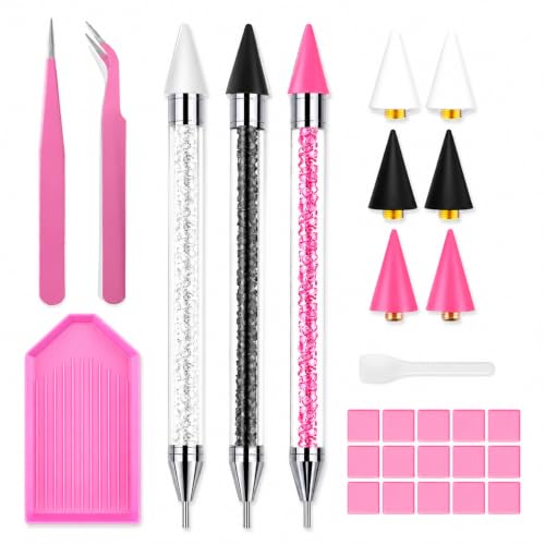 14Pcs Rhinestone Picker Tool 3 Bedazzling Pen, 6 Wax Tips&2 Tweezer - color: White pink
