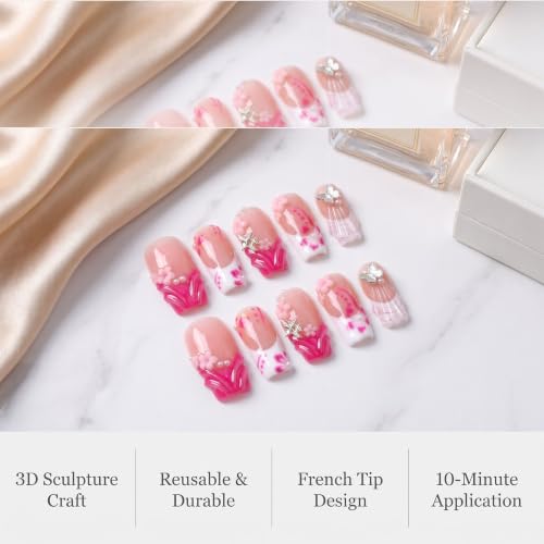 Medium Coffin Press on Nails Butterfly Pearl Handmade Fake Nails - color: style14