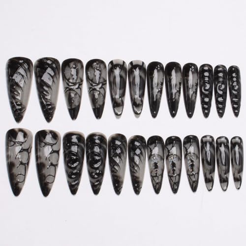 Halloween Goth Press on Nails Medium - Almond Fake Nails Horror Eyeball Black Nails Press ons,Halloween Wound Full Cover Stick on Nails Reusable Acrylic Nails for Women 24Pcs - color: Black halloween goth