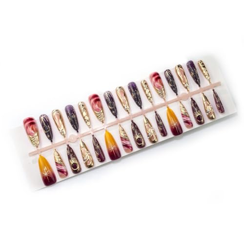 Long Stiletto Press on Nails Red Gold Moon Star Fake Nail 30pcs