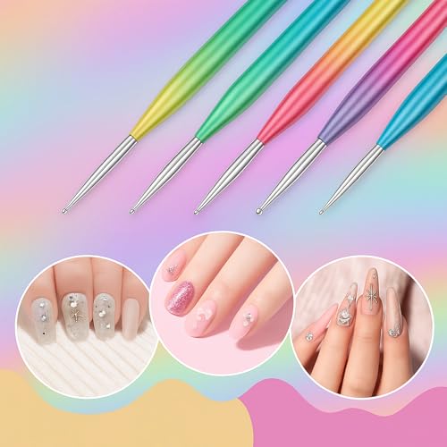 Dual-Ended Nail Art Brush & Dotting Pen Set - 5PCS Metal Rainbow Nail Brushes for Acrylic Gel, 3D Design, Extension, Manicure - Professional DIY Home Salon Tools