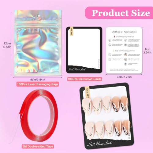 100PCS Laser Press on Nail Packaging Bags Empty Nail Storage Bags 100PCS Instructions Cards - color: Laser