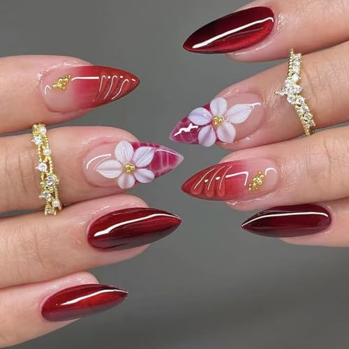 Medium Almond Red Press on Nails - 3D White Flowers - color: D-58