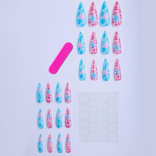 Long Stiletto Press on Nails - Blue & Pink Leopard with Star Contrast Design, Full Cover Glossy Fake Nails 24PCS for Women - color: Style-18