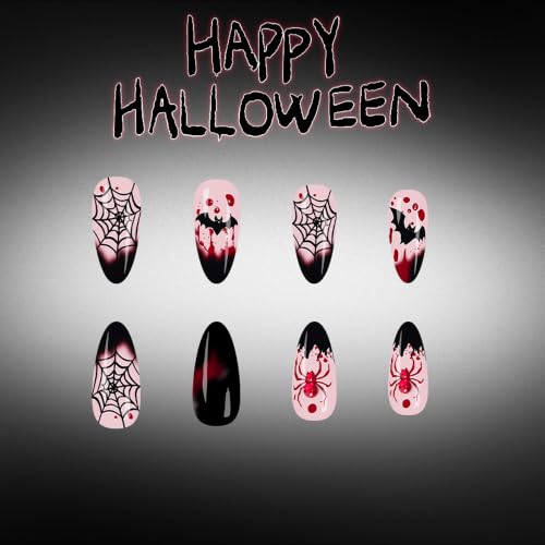 Halloween Press On Nails, Almond Spider Bat Web Design, Black Red - color: style 07