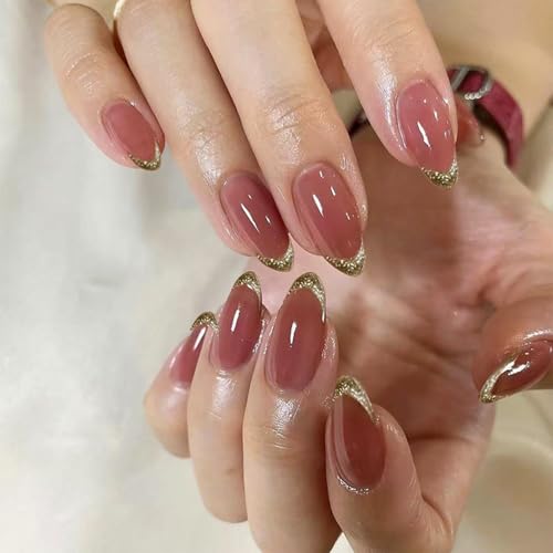 Gold Glitter French Tip Press on Nails Medium Almond Fake Nails Glossy Nude Base Acrylic Glue on Nail Full Cover Artificial Nail for Women Holiday Party Daily Wear 24 Pcs - color: Gold Glitter