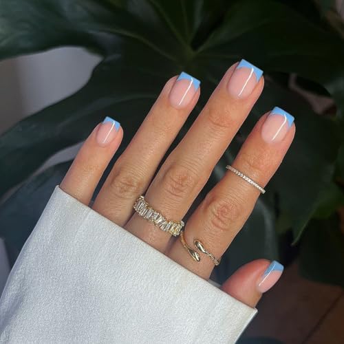 30Pcs Sky Blue French Tip Press on Nails Short Square Nails Press ons, Short Fake Nails Coffin Acrylic French Glue on Nail False Nail for Women Natural15 Sizes - color: square sky blue