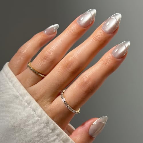 Glamnetic Press On Nails - Short Almond Cat-Eye Fake Nails 30 Pc Full Kit - color: Heavenly Metal - Silver Foil French Tip