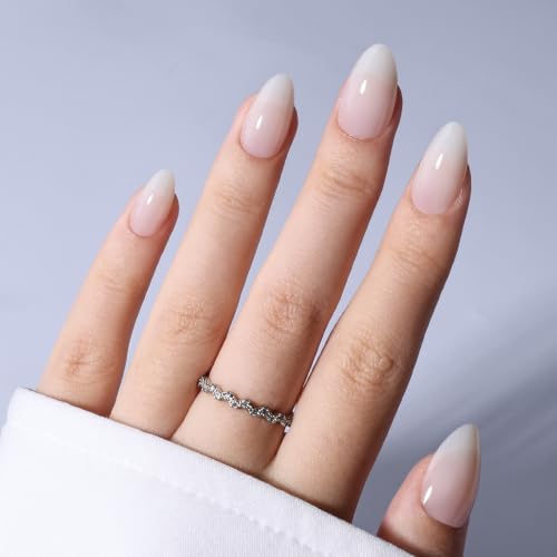 Milky White Press On Nails, Short Almond, Glossy Skin Tone Glue On Nails - color: B5-Light Nude