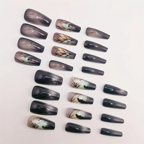 24Pcs Halloween Forest Press on Nails Medium Coffin Fake Nails with Woitch Designs Halloween Glue on Nails Black Reusable Scholar False Nails for Women Girls - color: Halloween style 19